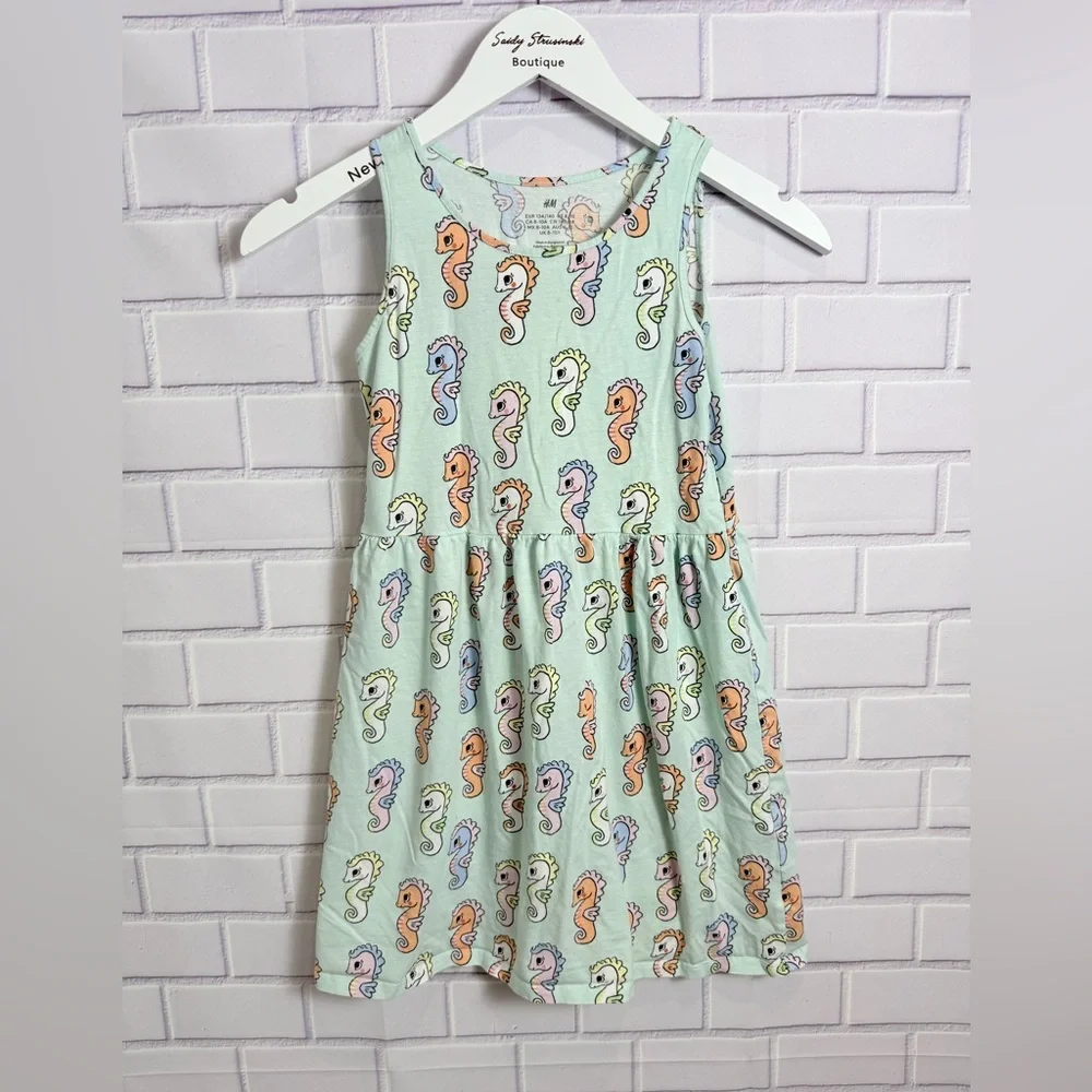 H&M Girls Seahorse Print Dress Mint Green Sleeveless Size 8-10 Cotton Cute